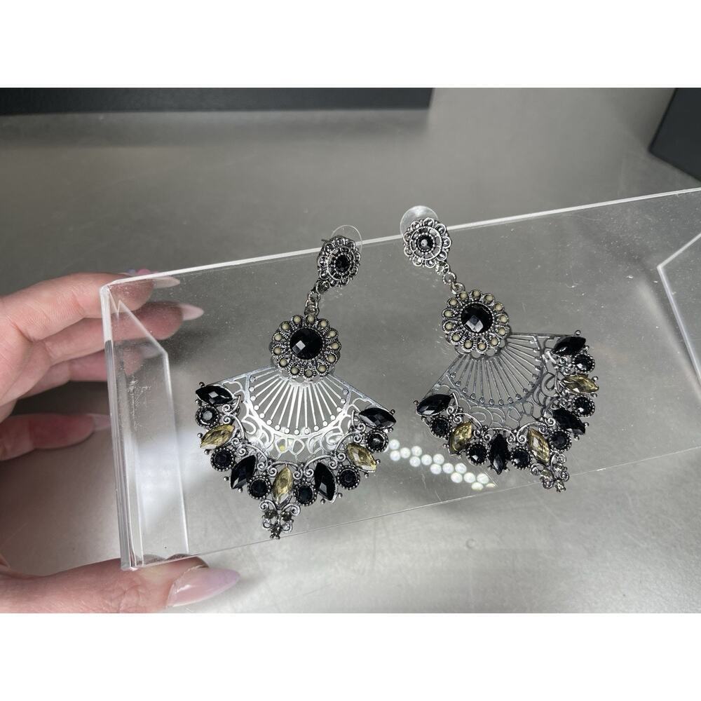 Statement Black Silver Tone Fan Tassel Beaded Rhinestones Earrings